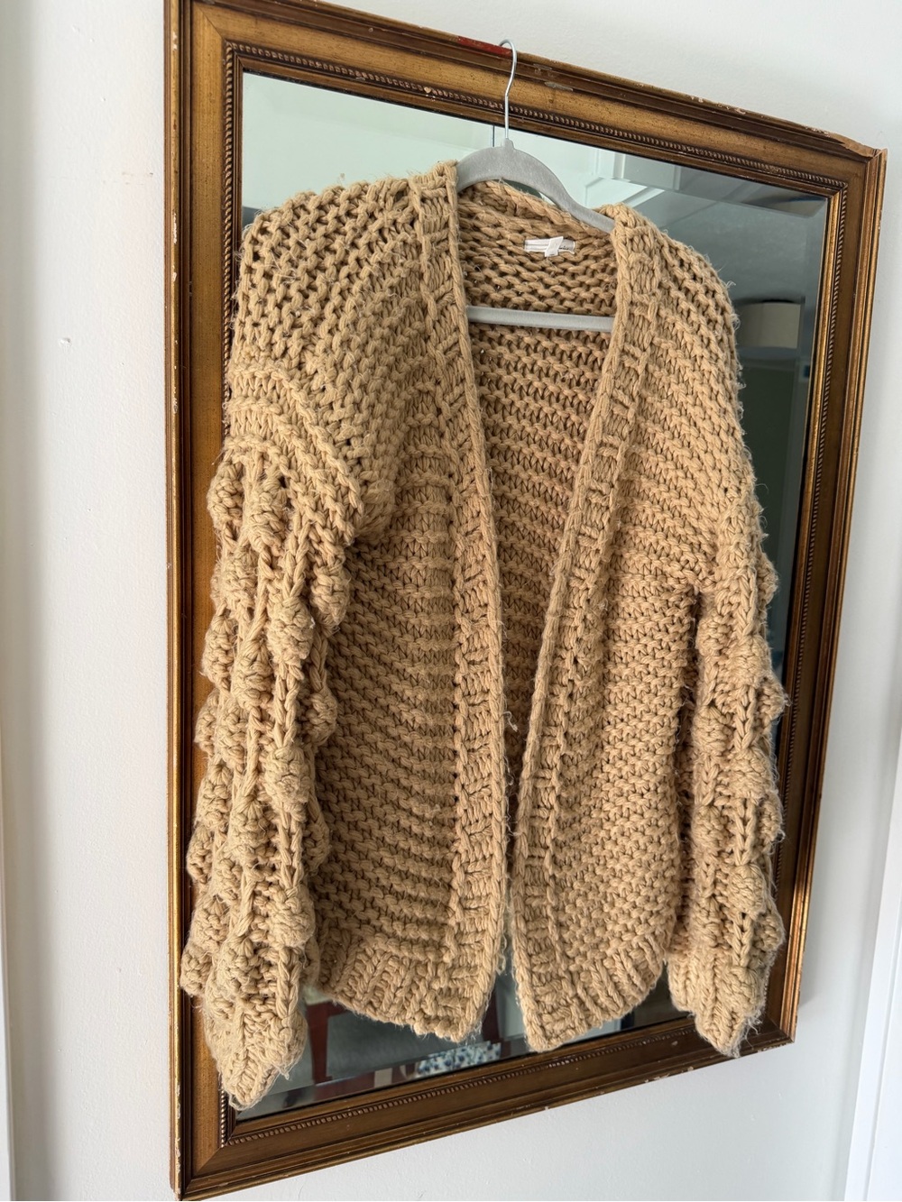 Cozy Chunky Open-Front Cream Knit Cardigan with Statement Sleeves